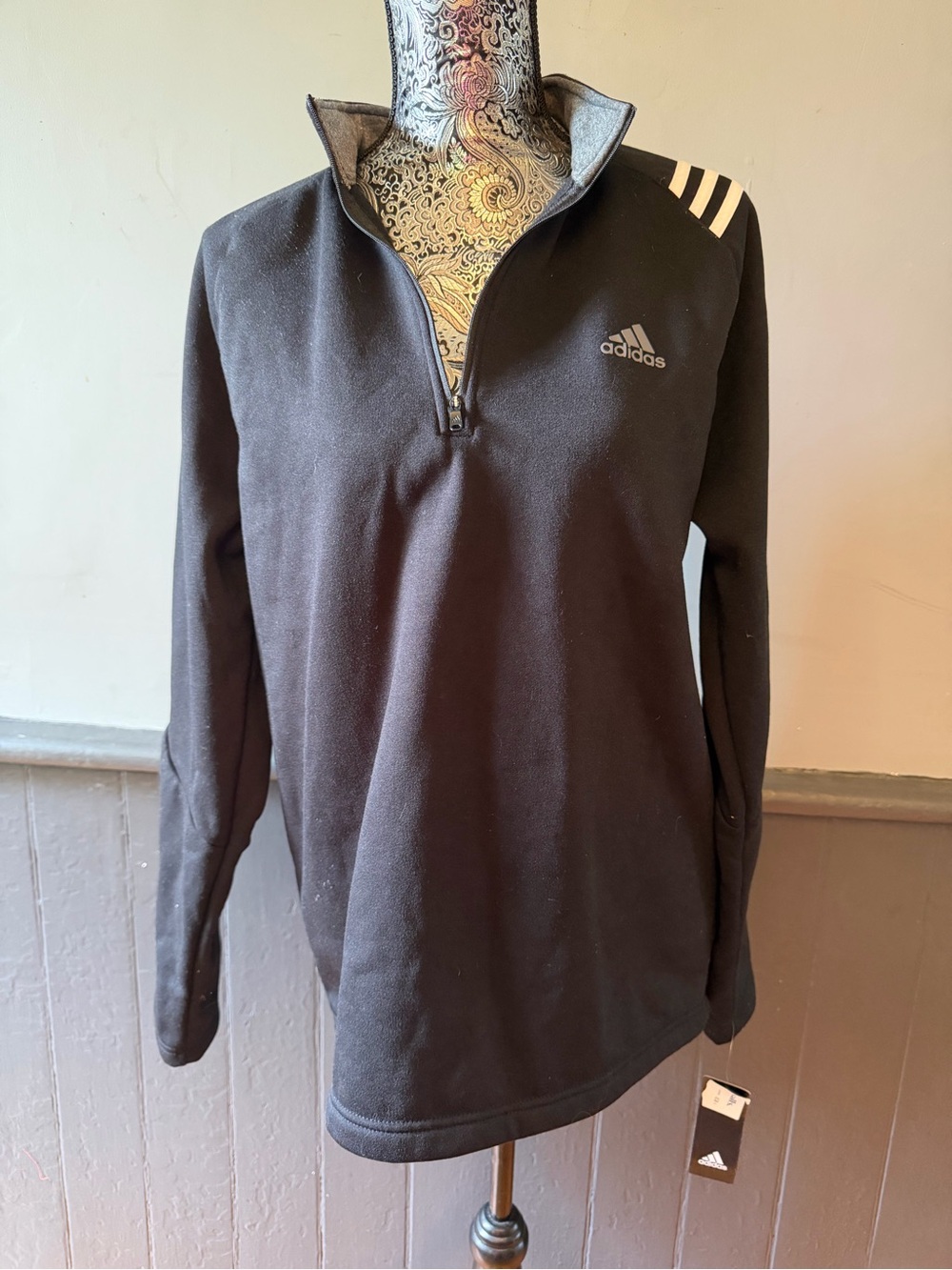 adidas Black Quarter-Zip Pullover with White Shoulder Stripes